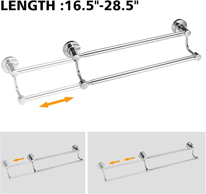BESy Adjustable 16-26 Inches Double Bath Towel Bar for Bathroom SUS304 Stainless Steel Towel Holder, Hotel Style Wall Mount with Screws Hand Towel Bar Towel Rack Rod Hanger, Polished Chrome Finish