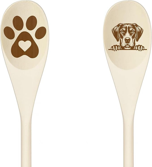 HARRIER Wooden Spoons for Cooking, Serving or Decorative Kitchen Utensils Set Dog Lover Dog Mom/Dad Gift with Peeking Dog Designs, Paw Print and Dog Head, Kitchen Utensils Set of 2