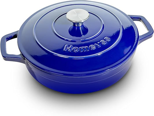 Enameled Cast Iron Dutch Oven - 4 Quart Dutch Oven Pot with Lid - Shallow Cookware Braising Pan - Oven Safe up to 500째 F for Baking, Roasting, and Braising-Blue