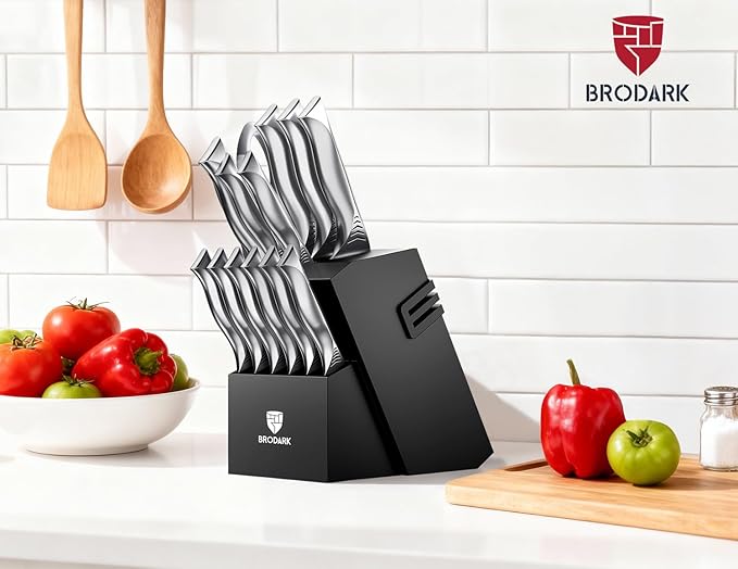 BRODARK Kitchen Knife Set with Block - 15-Piece Knife Block Set with Built-in Sharpener - High Carbon Stainless Steel Kitchen Knives Set for Kitchen - Christmas Gift, Shark Series