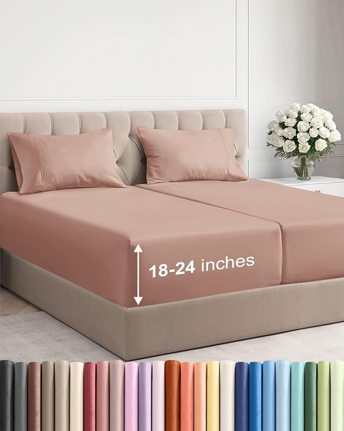Extra Deep Pocket Split King Sheets - 5 Piece Breathable & Cooling Bed Sheets - Hotel Luxury Bed Sheet Set - Soft, Wrinkle Free & Comfy - Easily Fits Extra Deep Mattresses - Deep Pocket Mauve Sheets