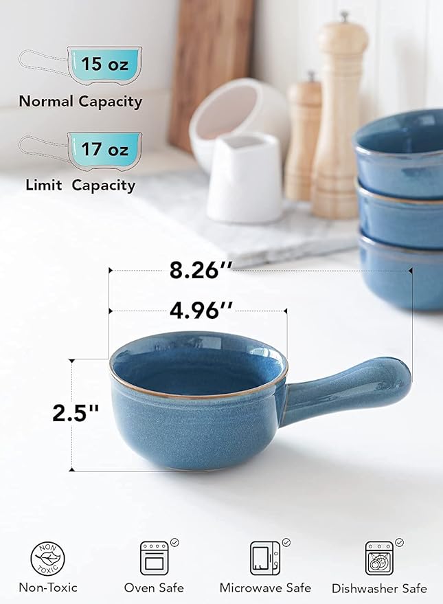 LE TAUCI Soup Bowls with Handle, 15 Oz Ceramic French Onion Soup Bowls, Large Soup Crocks Oven Safe for Stew, Onion, Soup, Chilli, Set of 4, Ceylon Blue