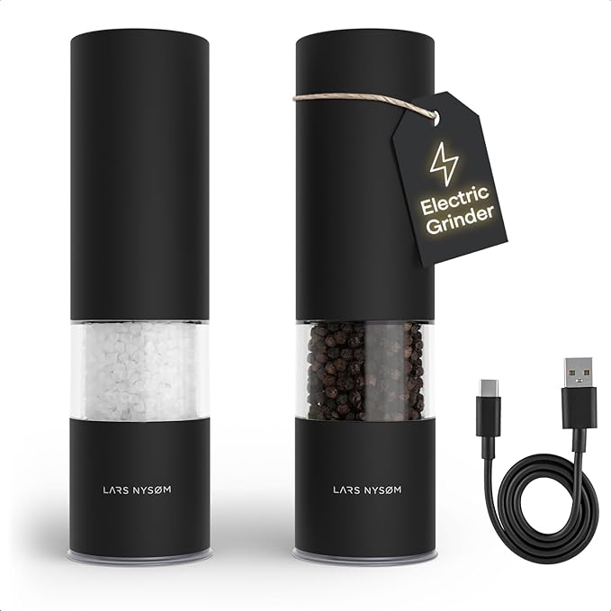 LARS NYS횠M Electric Salt and Pepper Grinder Set I Automatic Salt and Pepper Mills with Adjustable Ceramic Grinder I USB Rechargeable Electric Spice Mill Set with LED Light (Carbon Black)