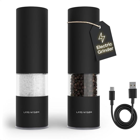 LARS NYS횠M Electric Salt and Pepper Grinder Set I Automatic Salt and Pepper Mills with Adjustable Ceramic Grinder I USB Rechargeable Electric Spice Mill Set with LED Light (Carbon Black)