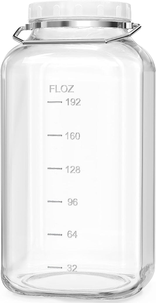 Folinstall 2 Gallon Large Glass Jar with Lid, Wide Mouth Storage Jars with Stainless Handle, Extra Big Glass Container with 2 Scale Mark for Storing Food, Kitchen Organization, 7400 ML/250 OZ