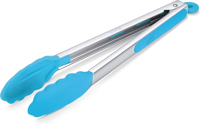 Salad Tongs, 7/9/12/16 Inch Silicone Food Tongs with 304 Stainless Steel Core, Easy-Grip, in Pistachio, Black, Blue, Orange, Red (Blue, 12inch)
