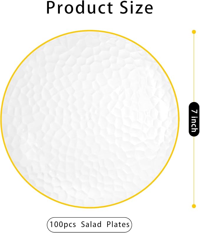 Rubtlamp 100 Pcs Clear Gold Plastic Plates, Hammered Party Plates, Clear Disposable Dessert Plates,Clear Gold Plates 7 Inch, Heavy duty Gold Plastic Dessert Plates Disposable For All Occasions