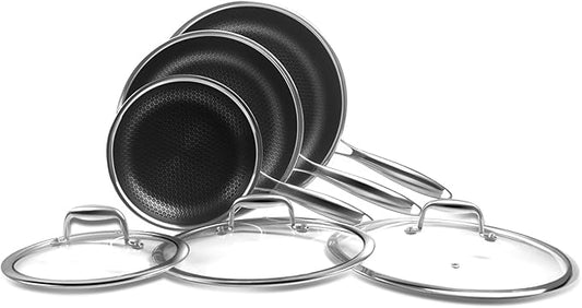 Nonstick Frying Pan Set, 8, 10 and 12 inch Frying Pans, 6-Piece Hybrid Non stick 18/10 Stainless Steel Pans with Lid, Induction Compatible, Dishwasher &Oven Safe, PFOA Free