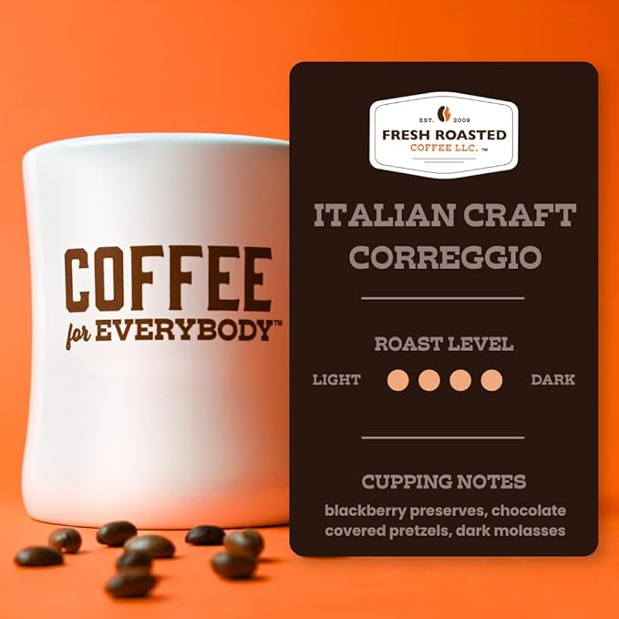 Fresh Roasted Coffee, Correggio Italian Craft Artisan Blend, 12 oz, Dark Roast, Kosher, Whole Bean