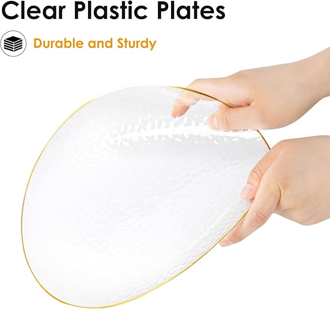 Lullaby 100PCS Clear Plastic Plates with Gold Rim, Includes 50pcs Dinner Plate 10??and 50pcs Dessert Plate 7?? Disposable Heavyduty Plates for Birthdays, Parties and Wedding