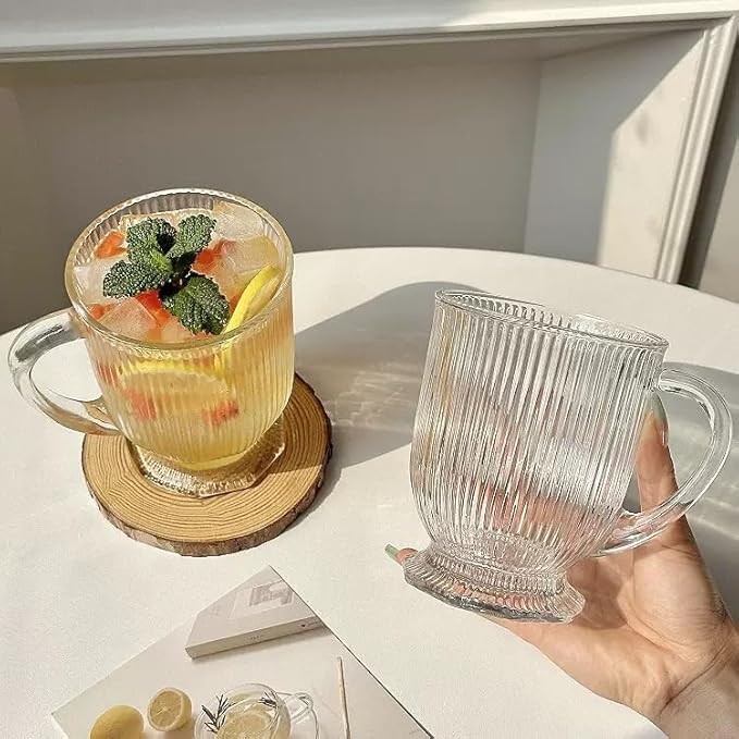Large Ribbed Glass Coffee Mugs Set of 4,16 Oz Clear Espresso Mugs with Spoon, Glass Tea Cups with Handle Diner Latte Cup with Footed Base for Hot Beverages,Cappuccino Cups, Stylish Drinkware