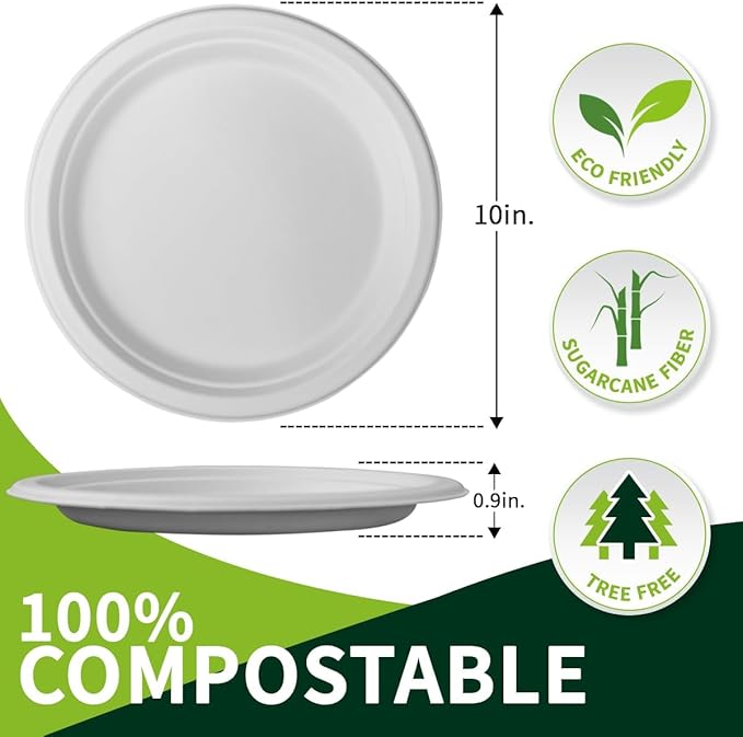 10 Inch Compostable Paper Plates?륹hite 150 Pack?? 100% Sugarcane Bagasse Large Disposable Plates, Sturdy Heavy Duty, Biodegradable Dinnerware for Party, BBQ, Picnic, Catering