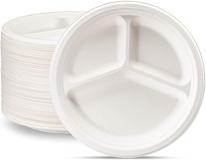 GUSTO [10 Inch 3 Compartment Compostable Paper Plates - 125 Pack White Heavy-Duty Divided Disposable Biodegradable Plates (Formerly Comfy Package)