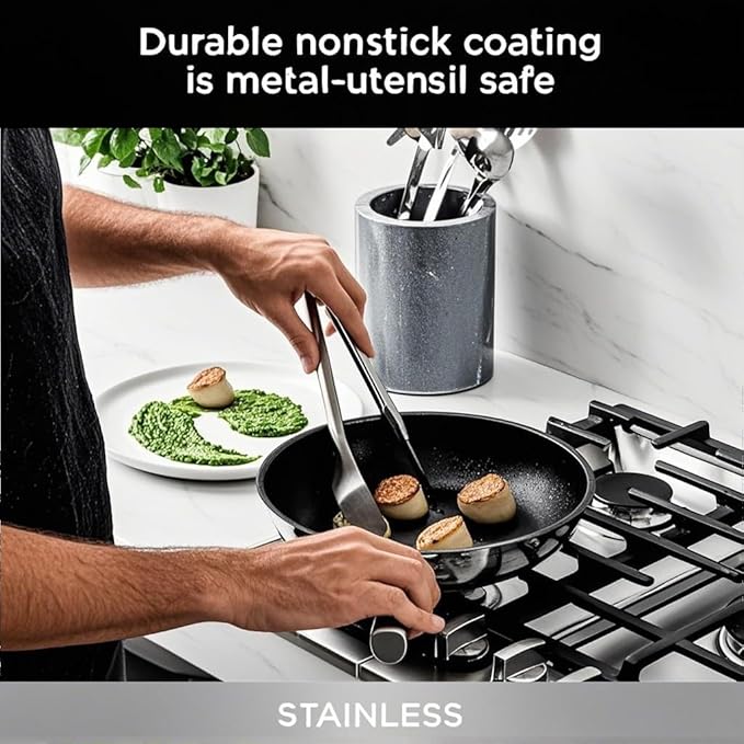 RV pan Stainless Steel Non Stick Fry Pan Set,8 & 10 Inch,Gas Electric Induction Compatible,PFOA Free,Dishwasher Safe,Oven Safe up to 500째F,2-Piece Cookware,Even Heat Distribution & Stay Cool Handles.