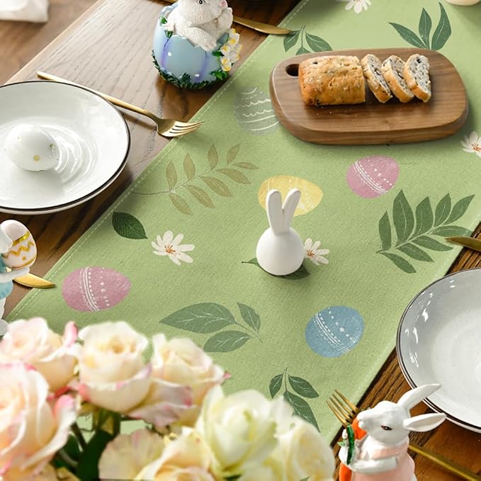 Artoid Mode Green Bunny Eggs Leaves Flowers 210 GSM Easter Table Runner, Seasonal Spring Kitchen Dining Table Decoration for Home Party Decor 13x72 Inch