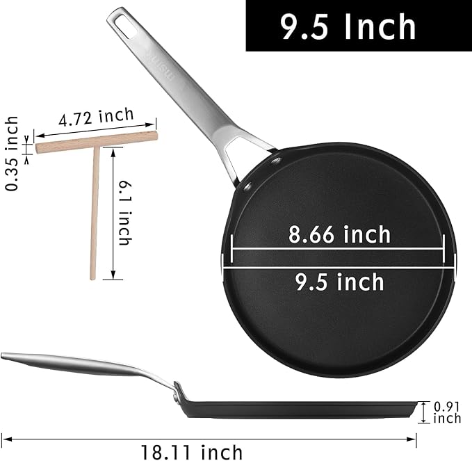 MsMk Crepe Pan with Spreader, 9 1/2 Inch Titanium and Ceramic Nonstick Flat Skillet Pancake Tawa Dosa Tortilla Pan, Induction Compatible, PFOA Free, Oven Safe to 700째F
