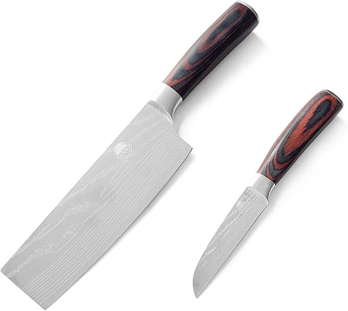 Professional 2-Piece Kitchen Knife Set, Nakiri and Paring Knives, Stainless Steel with Red Marbled Handle (Wood)