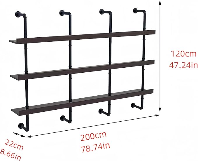 79 Inch Large Wall Mounted Wine Rack, 3 Tier Industrial Pipe Shelf Rustic Wood Floating Shelves, Wall Bar Shelves for Liquor Bottles Display Storage Organizer for Dining Room(Natural, No Lights)