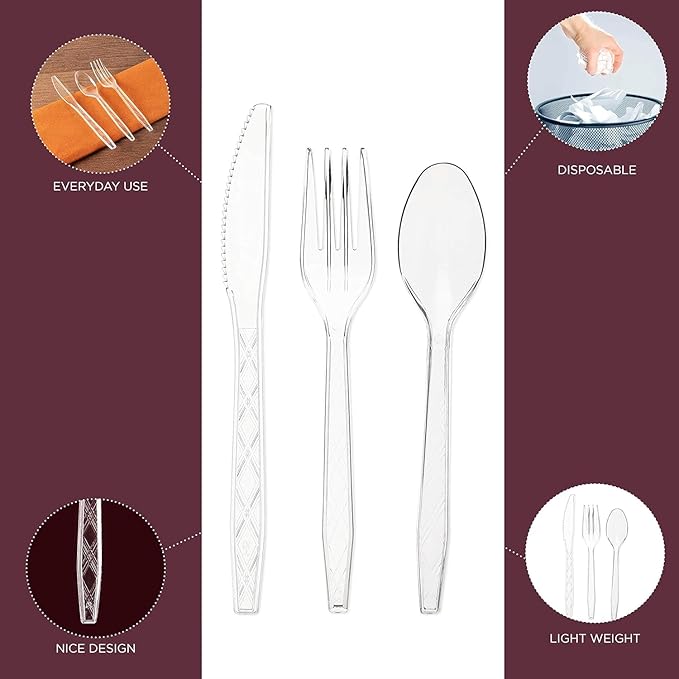 Party Bargains Clear Plastic Cutlery 720 pcs: 360 Forks, 240 Spoons, 120 Knives. Argyle Design, Heavy Duty & Solid Disposable Silverware Utensils Combo Pack Set for Weddings, Buffets, Luncheons