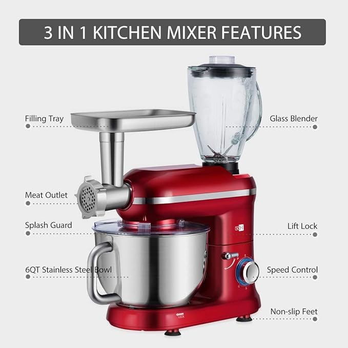 VIVOHOME 3-in-1 Stand Mixer, 6 Quart Electric Tilt-Head Kitchen Mixer with Bowl, Multifunctional Food Mixer with Meat Grinder and Blender Attachments, Dough Hook, Beater, and Whisk, Red