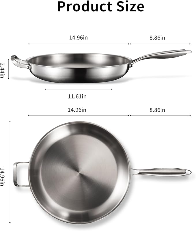 DELARLO Stainless Steel Pan, 14.2 Inch Frying Pan, Tri-Ply Skillet with Lid, Oven Safe Up to 600?? Stainless Steel Cookware, Fast Even Heat, Large Cooking Surface,Non Toxic Large Skillet