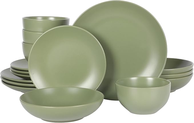Gibson Home Queenslane 16-Piece Matte Green Stoneware Dinnerware Set ??Double Bowl Plates and Bowls, Durable Kitchen Dinner Set