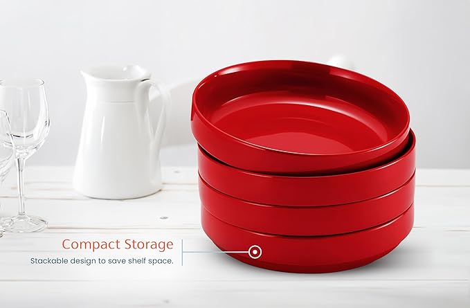 KooK Ceramic Large Pasta Bowls, Microwave and Dishwasher Safe, Great for Soups and Salads, Shallow Serving Bowls, Glossy Porcelain, 47 oz, Set of 4, Cherry Red
