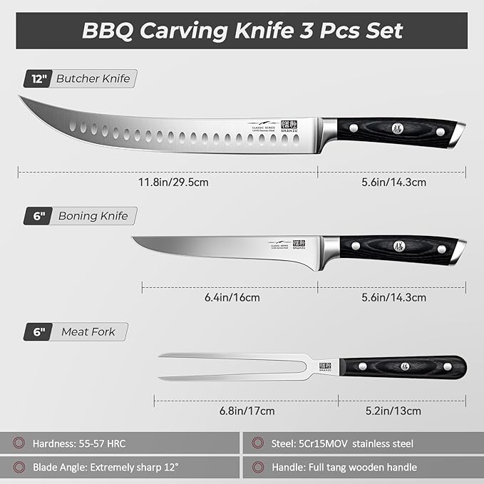 SHAN ZU 3Pcs Carving Knife Set with Sheath ??for Turkey, Meat, BBQ, Brisket, Razor Sharp Slicing Knife, Professional 5Cr15MoV Stainless Steel, Ergonomic Full Tang Wood Handle, Gift Box Included