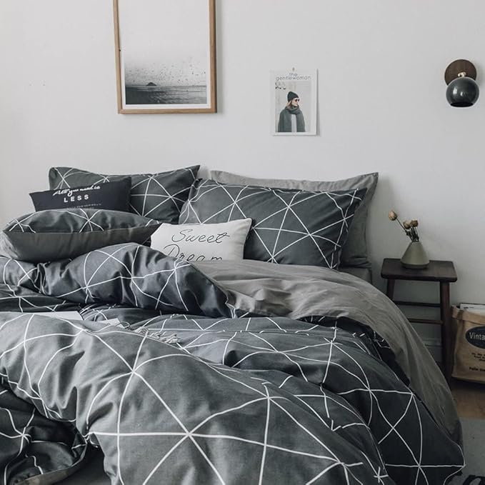 LifeTB Grey Plaid Comforter Set Full Size Geometric Plaid Bedding Comforter Set 3 Pieces Plaid Grid Comforter with 2 Pillowcases Fluffy Soft Checkered Pattern Comforter Set for All Season Full Size