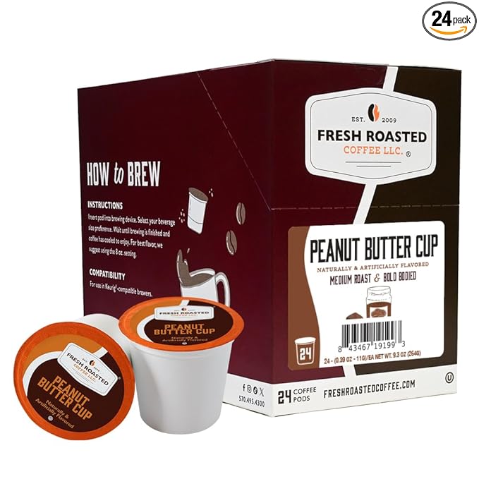 Fresh Roasted Coffee, Peanut Butter Cup, Flavored Coffee Pods, K-Cup Compatible, 24 Count