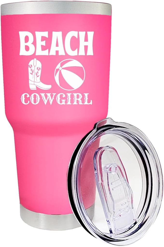Palm City Products 30 oz Beach Cowgirl Tumbler - Pink Stainless Steel Country Girl Travel Mug - Southern Girl Drinkware for Rodeo, Beach, Festivals, and Gifts