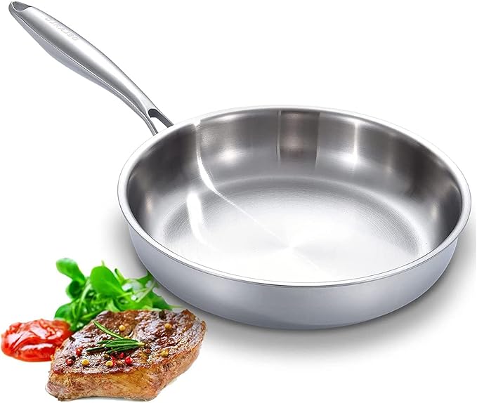DELARLO Full Clad Tri-Ply Stainless Steel Frying Pan 10 inch, All Stove Compatible Up to 600?? Heavy Duty, Oven Safe Skillet, 18/10 Cooking Pan, Chef's Pan for Kitchen, Omelette Pan, Flat Bottom