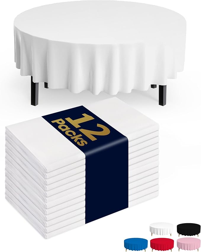 Pureegg Plastic Table Cloth Disposable 12 Pack, 84'' Round Table Cloths, Party, Picnic, Wedding, Decorative Tablecloths, Round, White Plastic Cover, Leakproof & Sturdy, White