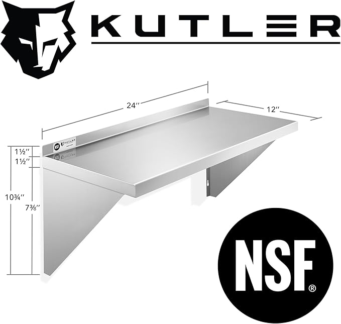 KUTLER Stainless Steel Shelf - 12" x 24", NSF Commercial Wall Mount Shelves with Backsplash, Floating Metal Shelving for Restaurant, Kitchen, Home