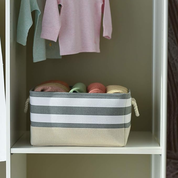 TheWarmHome Storage Basket Fabric Basket with Handles Dog Toy Basket Cloth Storage Bin Shelf Basket Decorative Storage Basket Shoe Basket Gift Basket(Grey&White Stripes-1 Pack,15.7L횞11.8W횞8.3H)