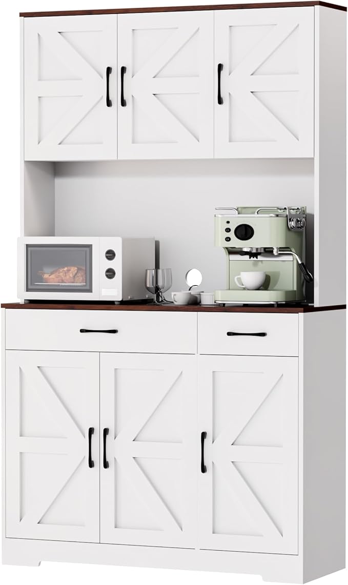 71" Pantry Cabinet with Charging Station, Kitchen Storage Cabinet with Microwave Stand, 8-Zone Organization, 2 Smooth-Glide Drawers, Open Countertop for Dining, Kitchen, Living Room (White)