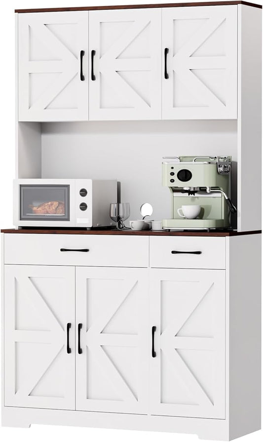 71" Pantry Cabinet with Charging Station, Kitchen Storage Cabinet with Microwave Stand, 8-Zone Organization, 2 Smooth-Glide Drawers, Open Countertop for Dining, Kitchen, Living Room (White)