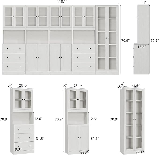 VOWNER 5PCS Bookshelf and Bookcase, 5-Tier Modern Bookshelves with 3 Large Drawer, Glass Display Cabinet with Lager Storage Shelf, Combination Storage Shelves for Home Office, White (AABBC)