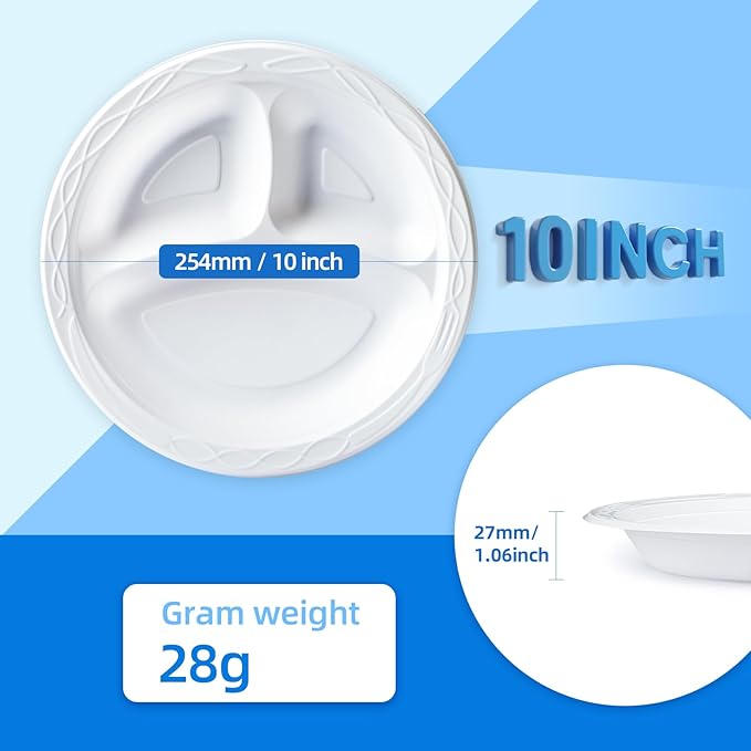 YANGRUI Party Plates Mineral Filled PP 10" 150 Pack - Shrink Wrap Commercial White BPA Free Plastic Plate | Reusable & Disposable Dishwasher & Microwave Safe | Heavy Duty 3 Compartment Dinner Trays