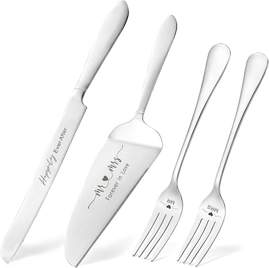 ROXBURGH Wedding Cake Knife and Server Set, Engraved Mr and Mrs Silver Forks Cake Cutting Set Pie Dessert Servers for Wedding Anniversary Bridal Shower Engagement