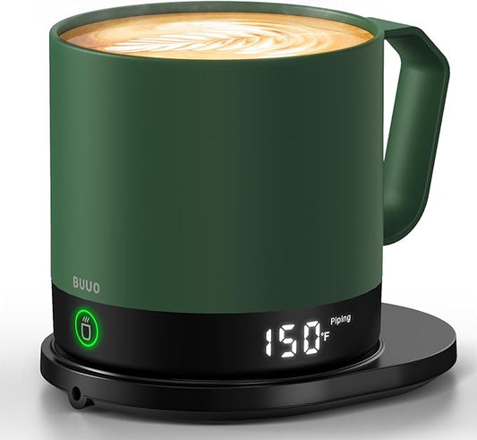 Heated Coffee Mug Rechargeable - Temperature Control Self Heating Coffee Mug 14oz with Lid, Double Sided & Real-Time LED Display, Hot up to 150?? Birthday Gifts for Women and Men(Green)