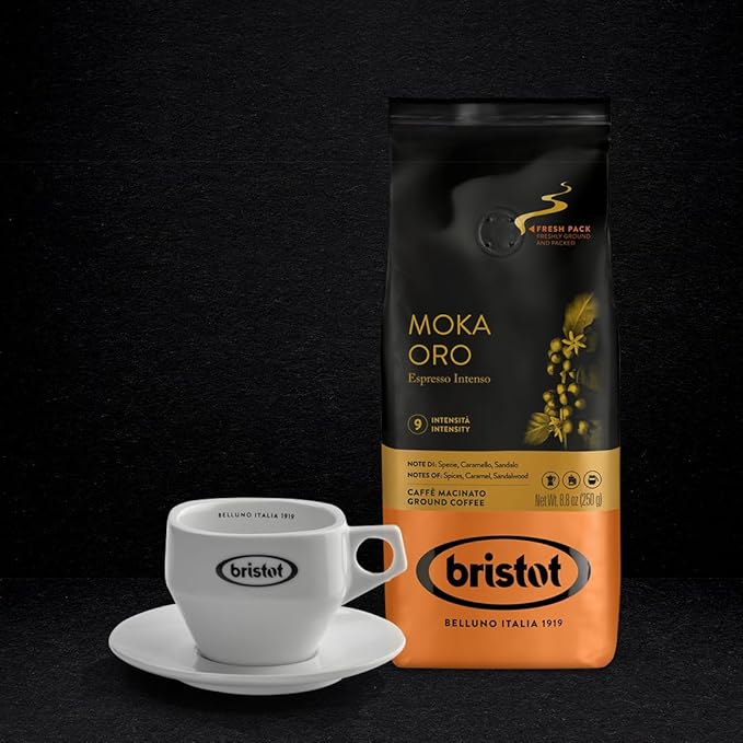 Bristot Moka Oro Ground Coffee ??Italian Espresso ??Medium Roast ??Notes of Spices, Caramel & Sandalwood ??For Moka, French Press, Pour Over ??8.8oz (250g)