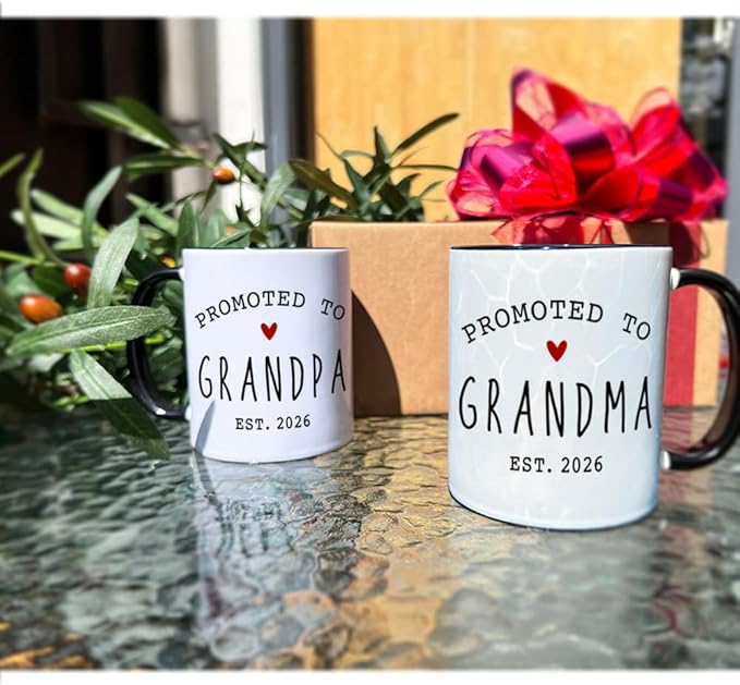 VLUG EST 2026 Promoted to Grandparents Mugs Set Gift for New Grandparents, First Time Grandpa Grandma Mugs Set, Pregnancy Reveal Announcement Mug Gifts, Baby Reveal Publicity Gift