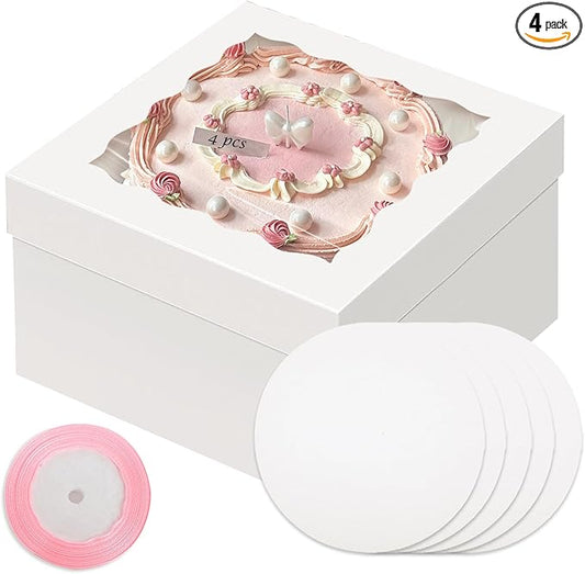 qiqee White 10x10x8 Cake Box, 4 Sets Cake Box with Window 竊?4 Sets 10" Cake Round Boards, 10inch Cake Containers, 10 Meters Pink Silk Ribbon Includes