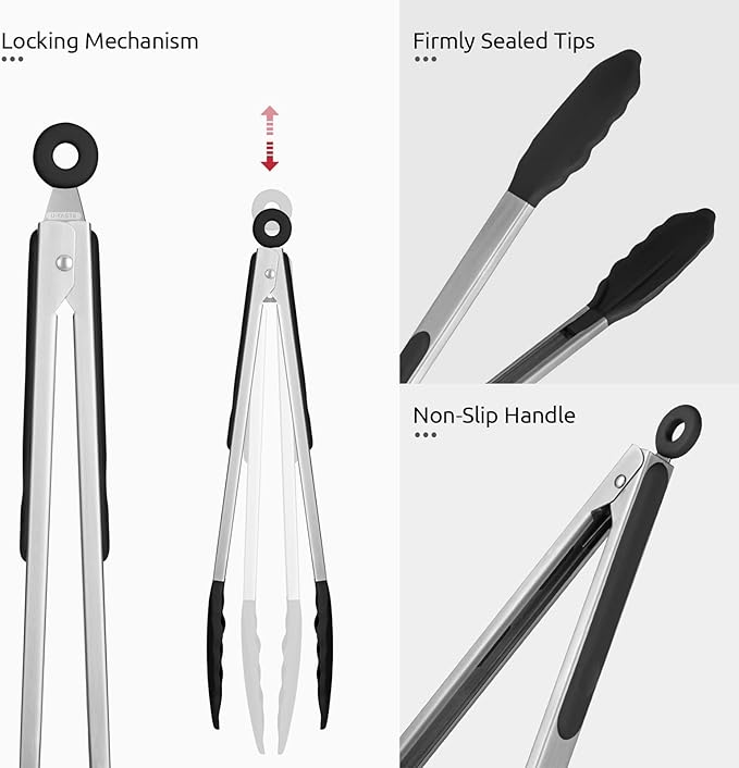 600쨘F Heat Resistant Kitchen Tongs: U-Taste 9+12 inch Silicone Cooking Tong Set with Firm Sealed Non Stick Rubber Tips and Silicon Coated 18/8 Stainless Steel Handle for Serving Grilling Salad (Black)