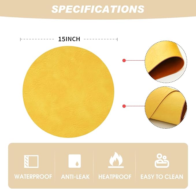 Artoid Mode Yellow Faux Leather Placemats Set of 6, 15 Inch Waterproof Wipeable Heat Resistant Place Mats, Reversible Table Mats for Summer Kitchen Dining Decor