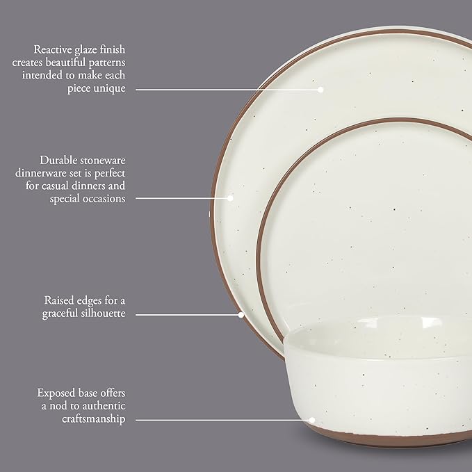 Gibson Elite Northrock Stoneware Dinnerware Set, 12-Piece Service for 4 Plates and Bowls Set ??White Dishes with Hand-Painted Terracotta Base