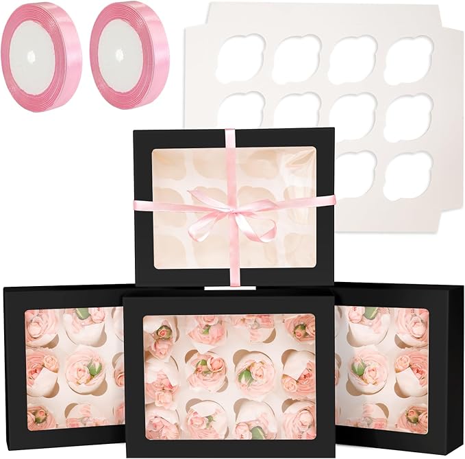 qiqee Auto-pop Up Cupcake Boxes with Window Black 40PCS 12 Count Cupcake Box 13"x10"x3.5" Cupcakes Carrier, 12 Cupcake Containers with 2 rolls of pink ribbons