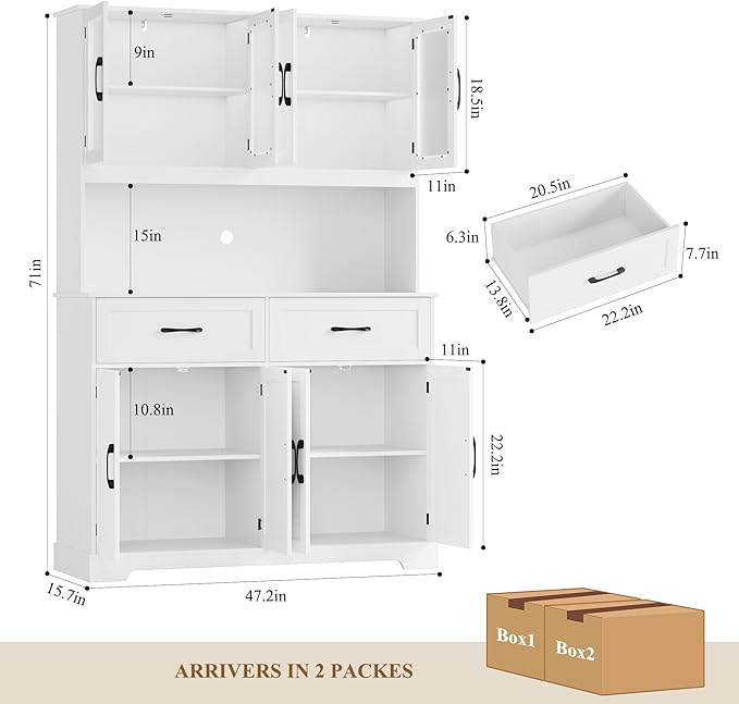 Pantry Storage Cabinet with Microwave Stand, 71" Tall Kitchen Hutch, Large White Pantry Cabinet with Glass Doors for Dining Room