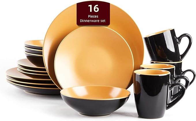 Stoneware Two-Tone Colors Life 16pc Dinner Set竊똎utside Shiny Black + Inside Matte Glaze Curry